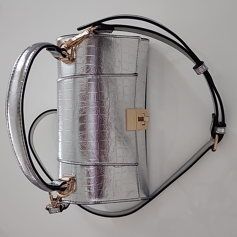 Aldo Rotoua Silver Gold Two Tone Metallic Top Handle Crossbody Mini Handbag - Picture 8 of 14